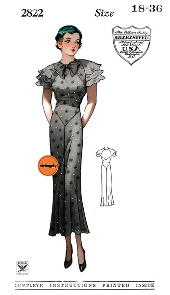 30s Triple Flutter Sleeve Dress with Long Skirt, Bust 36 (92 cm), Nati – Patterns Central