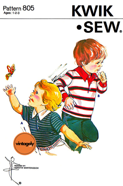 70s Toddler's Rugby Shirt with  Long or Short Sleeves, Chest 21 1/4 - 23 (54-58 cm), Kwik Sew 805, Vintage Sewing Pattern Reproduction