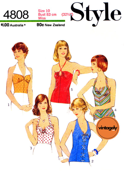 70s Set of Summery Halter Tops with Variations, Bust 32.5 (83 cm), Style 4808, Vintage Sewing Pattern Reproduction