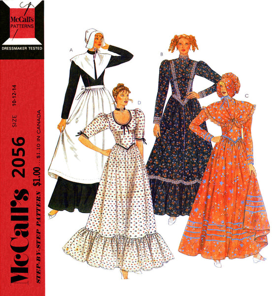 80s Prairie Dress, Pilgrim Costume, Apron, Shawl and Hats, Bust 32.5 to 36 (83-92 cm) McCall's 2056, Vintage Sewing Pattern Reproduction