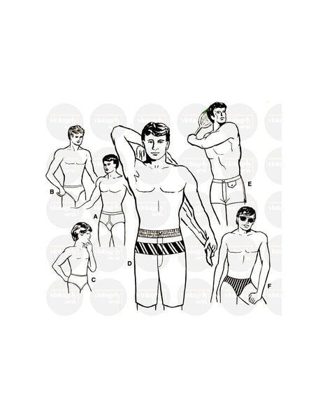 70s Mens' or Boys' Assorted Swimwear and or Underwear Waist Sizes 22"-46.5" (56 to 118 cm), B7009, Vintage Sewing Pattern Reproduction