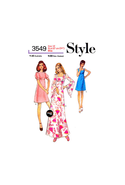 70s Empire Line Dress in Two Lengths with Sleeve Variations, Bust 34" (87 cm), Style 3549, Vintage Sewing Pattern Reproduction
