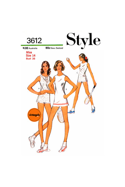 70s Micro Mini Tennis Dress and Shorts, Bust 36 (92 cm), Style 3612, Vintage Sewing Pattern Reproduction
