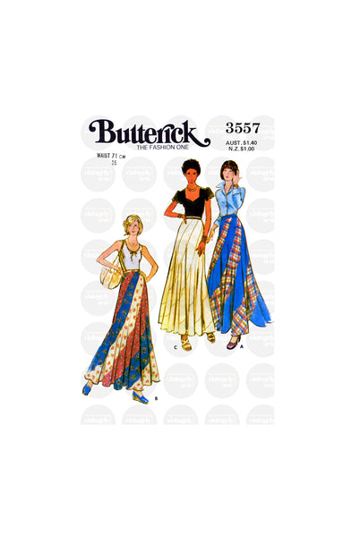 70s Fitted and Flared Bias Swirl Skirt, Waist 28" (71 cm) Butterick 3557, Vintage Sewing Pattern Reproduction