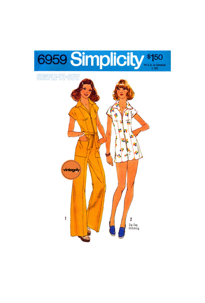 70s Front Zippered, Wide-Leg Jumpsuit in Two Lengths with V-Neckline, Various Sizes, Simplicity 6959, Sewing Pattern Reproduction