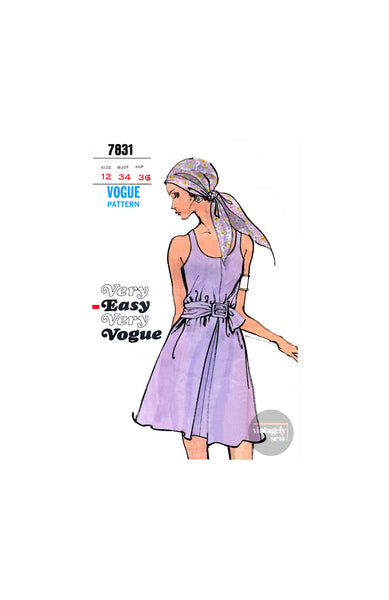 70s A-Line Sundress Dress with Scoop Neckline and Self Belt, Bust 34" (87 cm) Vogue 7831, Vintage Sewing Pattern Reproduction
