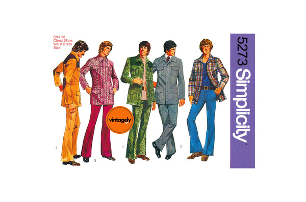 70s Men's Utility Style Shirt-Jacket and Slightly Flared Pants, Chest 38 (97 cm), Simplicity 5273, Vintage Sewing Pattern Reproduction