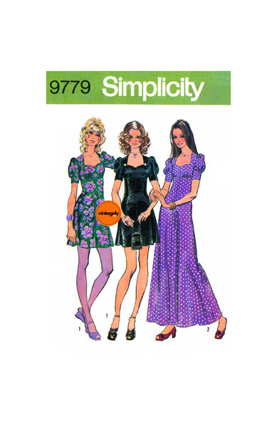 70s Sweetheart or Square Neckline, Empire Dress in Two Lengths, Bust 34 (87 cm) or 36 (92 cm), Simplicity 9779, Vintage Sewing Pattern Reproduction