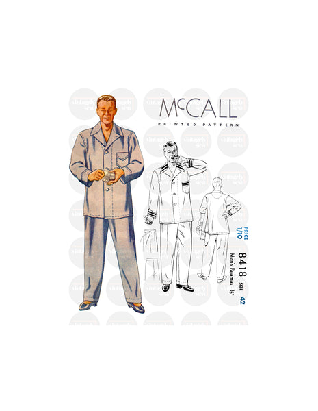 30s Two Piece Men's Pajama Set: Jacket Top and Pants, Chest 42 (107 cm), McCall 8418, Vintage Sewing Pattern Reproduction