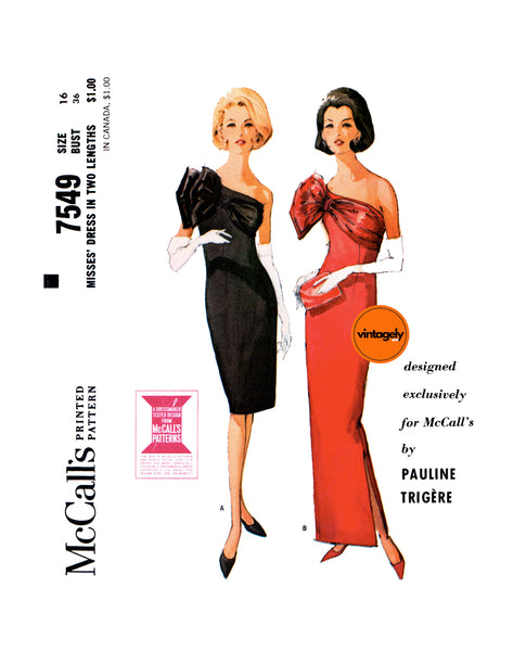 60s Off Shoulder Evening Dress in Two Lengths by Pauline Trigère, Bust 36 Waist 28 Hip 38, McCall's 7549 Sewing Pattern Reproduction