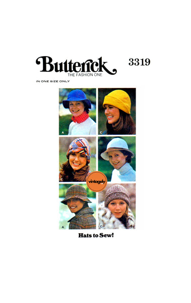 70s Shaped Casual Hats in Two Styles, One Size, Butterick 3319, Vintage Sewing Pattern Reproduction