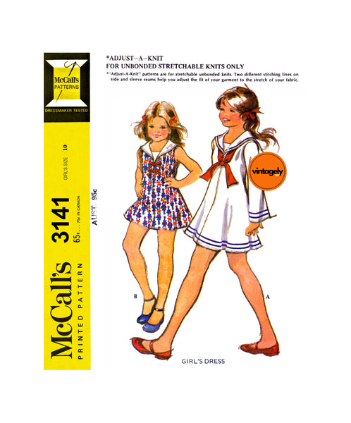 70s Girl's Sailor Dress with or without Bell Sleeves, Size 10 Breast 28.5 (72.5 cm), McCall's 3141, Vintage Sewing Pattern Reproduction