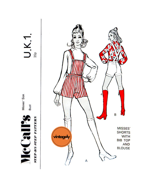 60s Hot Pants with Bib Top and Puff Sleeve Blouse, Bust 31.5 (80 cm) or 36" (92 cm), McCall's UK1, Vintage Sewing Pattern Reproduction