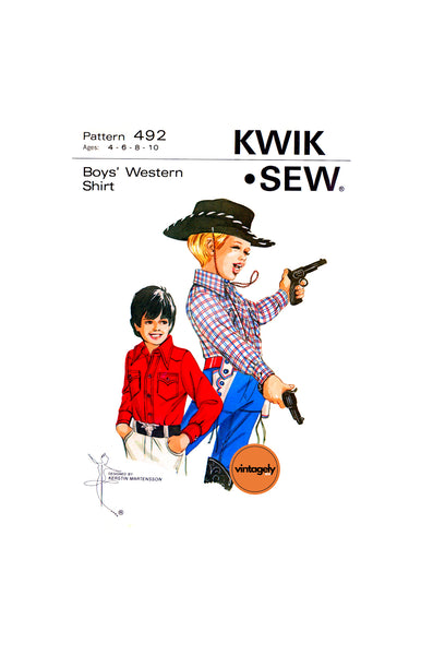 70s Boy's Western Shirt with Shaped Front and Back Yokes, Chest 23.5-28 1/4" (60-72 cm), Kwik Sew 492, Vintage Sewing Pattern Reproduction