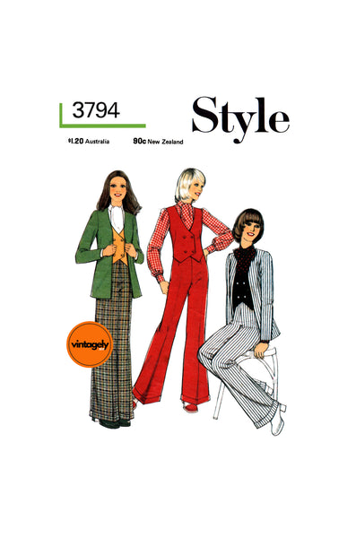 70s Cardigan, Waistcoat, Trousers and Blouse, Bust 32.5 (83 cm) or 34 (87 cm, Style 3794, Sewing Pattern Reproduction