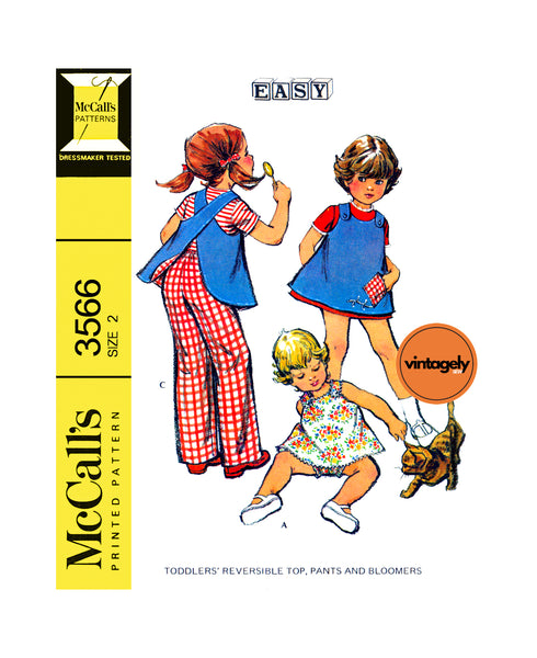 70s Toddlers' Cute Reversible Top, Pants and Bloomers, Size 2 Breast 21 (53 cm), McCall's 3566, Vintage Sewing Pattern Reproduction