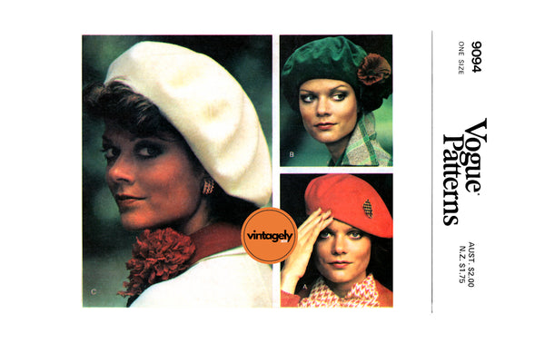 70s Lined Beret in Three Diameter Widths, One Adjustable Size, Vogue 9094, Vintage Sewing Pattern Reproduction