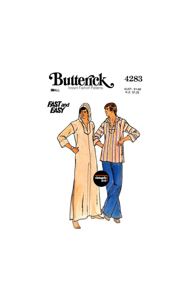 70s Men's Hooded A-Line Caftan or Top, Chest 34-36, Butterick 4283, Vintage Sewing Pattern Reproduction