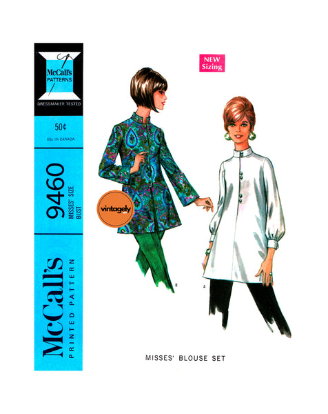 70s Women's Nehru Blouse in Two Styles, Various Sizes, McCall's 9460, Vintage Sewing Pattern Reproduction