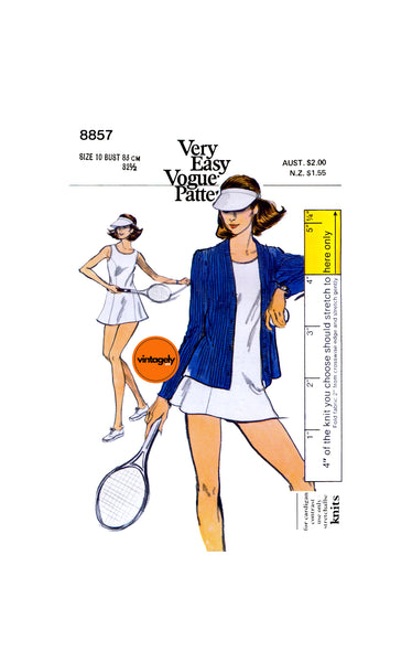 70s Tennis Dress, Cardigan Sweater, Briefs and Visor, Bust 32.5 (83 cm), Vogue 8857, Vintage Sewing Pattern Reproduction