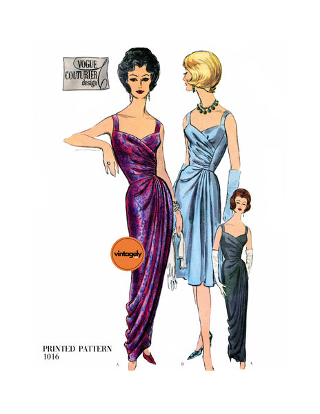 60s Evening Dress with Draped Front Overskirt in Two Lengths, Bust 40 (102 cm), Vogue 1016, Vintage Sewing Pattern Reproduction