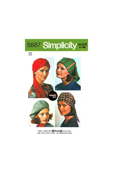 70s Turban, Beret and Scarf Hat, Adjustable One Size, Simplicity 5887, Vintage Sewing Pattern Reproduction