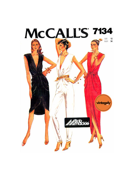 Deep V-Neckline Jumpsuit and Dress in Two Lengths, Bust 34 (87 cm), McCall's 7134, Vintage Sewing Pattern Reproduction
