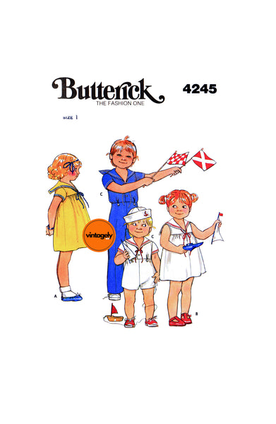 80s Toddlers' Sailor Dress, Top, Pants and Shorts, Size 1 Chest 20 (51 cm), Butterick 4245, Vintage Sewing Pattern Reproduction