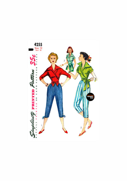 50s Front Wrap Blouse and Pedal Pushers, Bust 30" Waist 24" Hip 33", Simplicity 4255, Vintage Sewing Pattern Reproduction