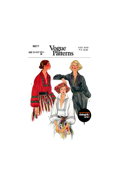 70s Folk Blouses with Balloon Sleeves and Ribbon Trim Variations, Bust 34 (87 cm), Vogue 9877, Vintage Sewing Pattern Reproduction