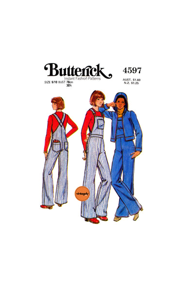 70s Fitted Hoodie and Slightly Flared Overalls, Bust 30.5 (78 cm) Butterick 4597, Vintage Sewing Pattern Reproduction