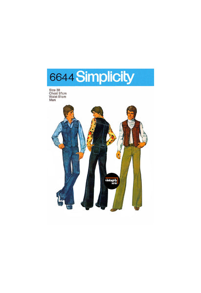 70s Men's Topstitched Vest and Flared Jeans, Chest 38 (97 cm) Waist 32" (81 cm), Simplicity 6644 Vintage Sewing Pattern Reproduction