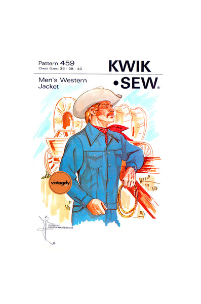 70s Men's Western Jacket with Wide Pointed Collar, Chest 36-40 (91.5-101.5 cm), Kwik Sew 459, Vintage Sewing Pattern Reproduction