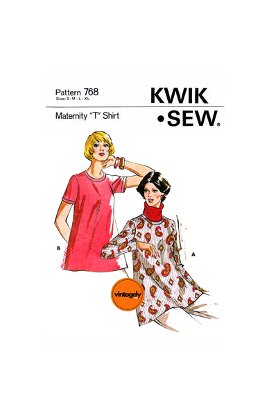 70s Maternity T-Shirt with Long or Short Sleeves, Bust 32.5 (83 cm) to 45 (114 cm), Kwik Sew 768, Sewing Pattern Reproduction