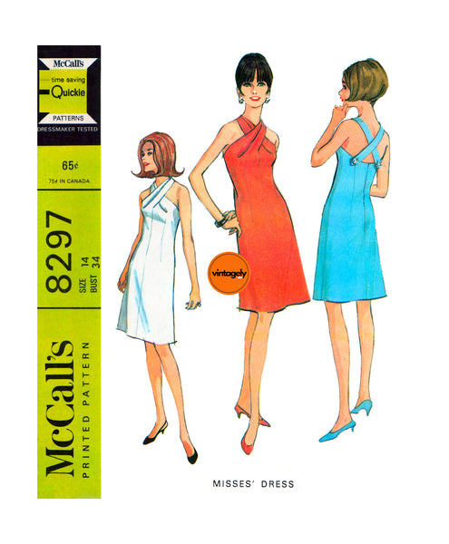 60s Pleated Halter Dress with Criss-Crossed Back Straps, Bust 34 (87 cm), McCall's 8297, Vintage Sewing Pattern Reproduction