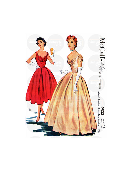 50s Fit and Flare Surplice Evening Dress in Two Lengths, Bust 30 (76.5 cm), McCall 9533, Vintage Sewing Pattern Reproduction