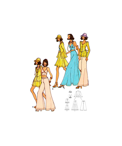 70s  Boho Halter Top, Skirt in Two Lengths, Flared Pants, Peplum Jacket and Hat, Bust 31.5" (80 cm) B6977, Vintage Sewing Pattern Reproduction