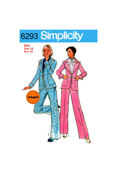 70s Pants Suit with Extra Wide Lapel Jacket, Bust 36 (92 cm) Waist 30 (76 cm), Simplicity 6293, Sewing Pattern Reproduction