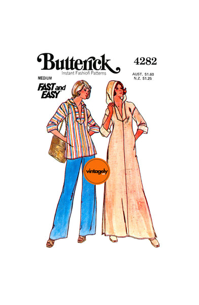70s Women's Hooded A-Line Caftan or Top, Bust 34-36, Butterick 4282, Vintage Sewing Pattern Reproduction