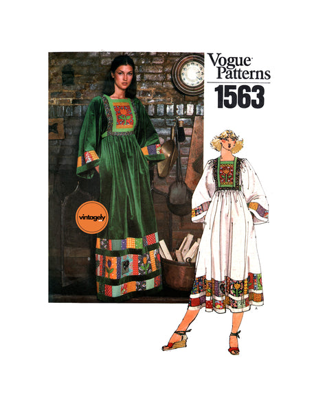 70s Boho Patchwork Applique, Kimono Sleeve Dress in Two Lengths, Bust 34 (87 cm), Vogue 1563, Vintage Sewing Pattern Reproduction