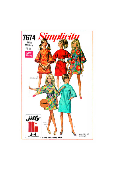 60s Loosely Fitted, Kimono Style Sleeved Dress in Two Lengths, Bust 34-36 (87-92 cm), Simplicity 7674, Vintage Sewing Pattern Reproduction