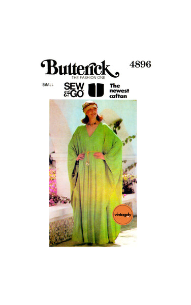 70s Batwing Caftan with V-Neckline and Shaped Hemline, Bust 31.5-32.5 (80-83 cm), Butterick 4896, Vintage Sewing Pattern Reproduction