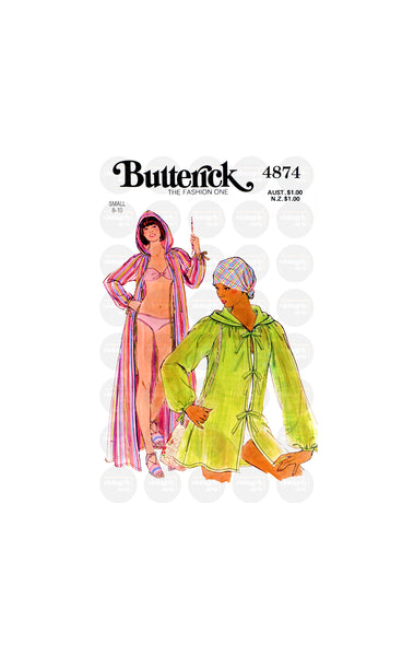 70s Hooded Cover Up in Two Lengths, Bust 31.5 to 32.5 (80-83 cm), Butterick 4874, Vintage Sewing Pattern Reproduction