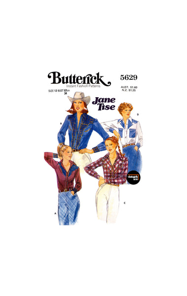 70s Women's Western Fitted Shirt with Yoke Variations, Bust 34 (87 cm), Butterick 5629, Vintage Sewing Pattern Reproduction