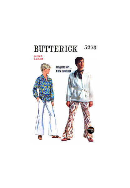 60s Men's Bohemian Apache Shirt and Tie Belt, Chest 42-44, Butterick 5273, Vintage Sewing Pattern Reproduction