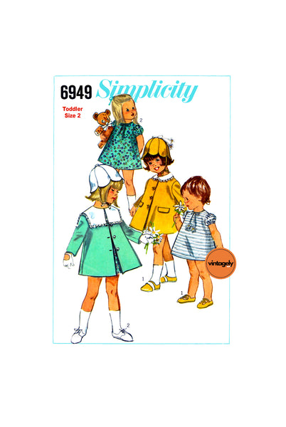 60s Toddlers' Dress, Hat and Coat with Detachable Collars, Size 2 Breast 21 (53 cm), Simplicity 6949, Vintage Sewing Pattern Reproduction