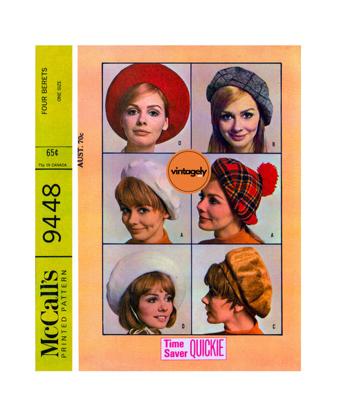60s Lined Mod Beret Hats in Four Styles, Adjustable One Size, McCall's 9448, Vintage Sewing Pattern Reproduction
