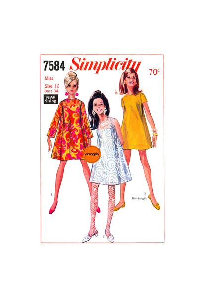 60s Tent Dress in Two Lengths and Slip, Bust 34 (87 cm), Simplicity 7584, Vintage Sewing Pattern Reproduction