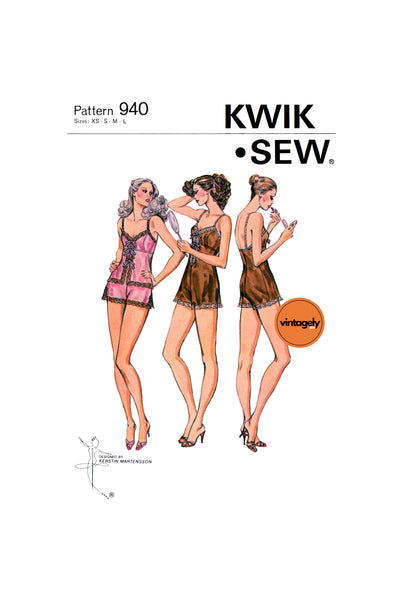 70s Lingerie: Teddy and Camisole, Bust 31.5-41.5 (80-106 cm), Kwik Sew 940, Vintage Sewing Pattern Reproduction