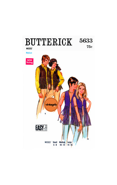 60s Music Festival Groovy Faux or Real Leather Fringed Vest, Bust 32.5-34 (83 to 87 cm), Butterick 5633, Vintage Sewing Pattern Reproduction
